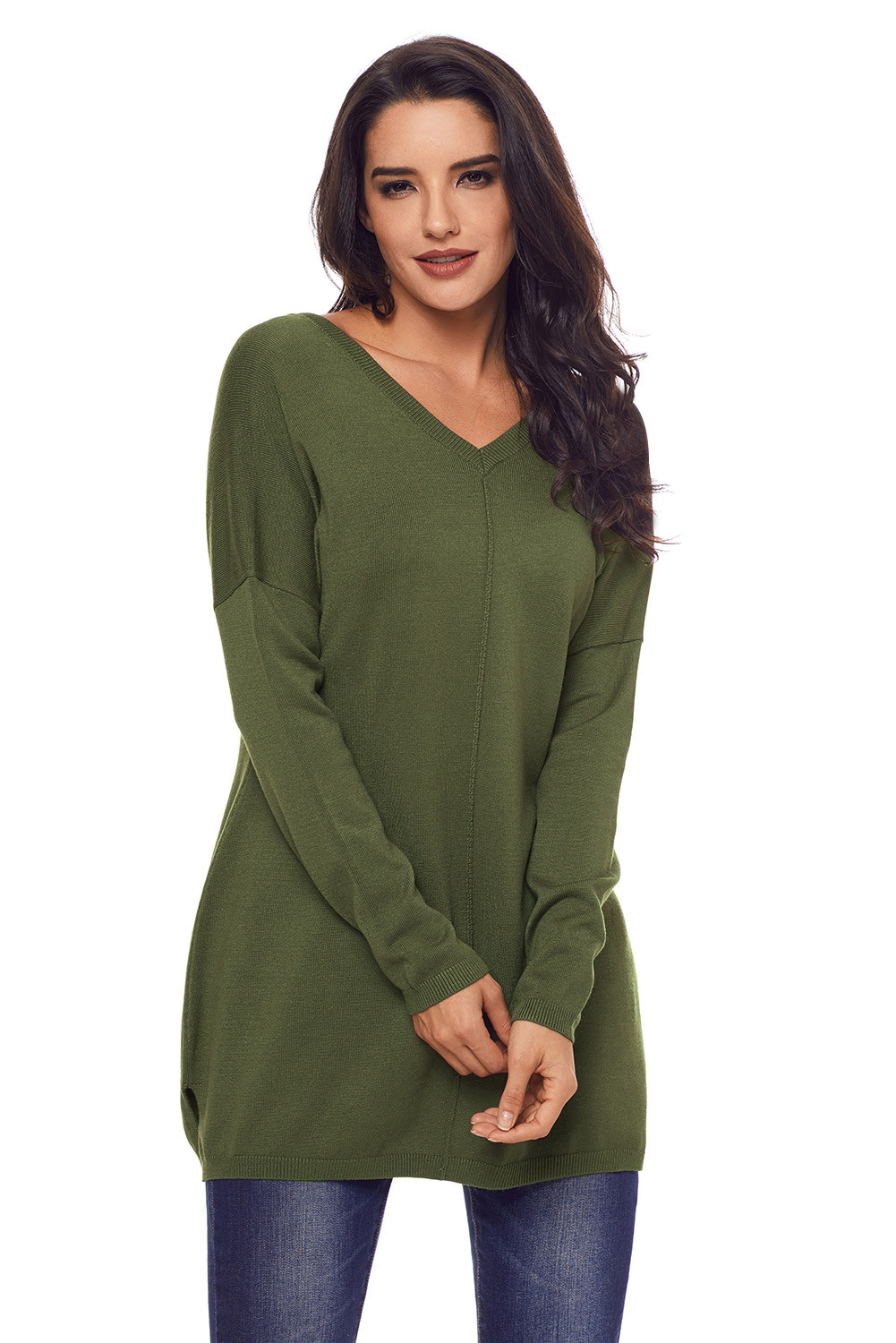 green v neck sweater outfit