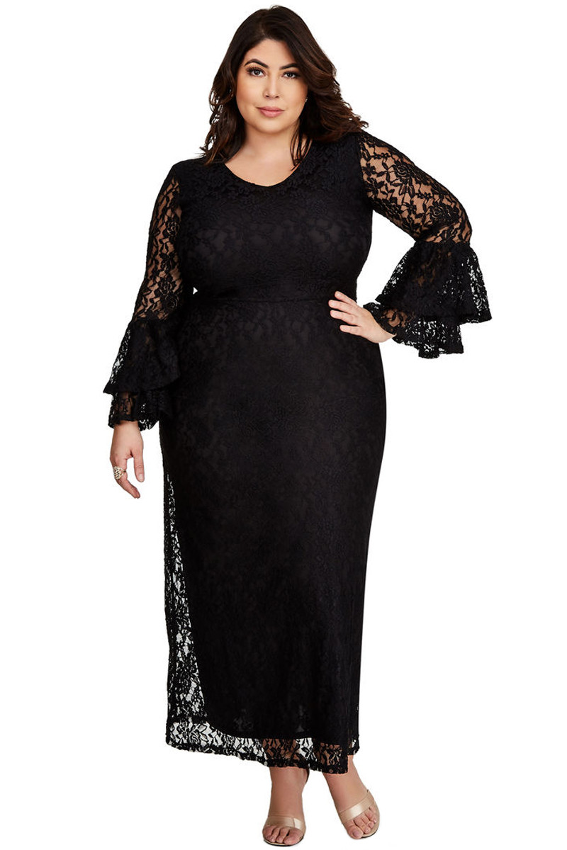 US$ 14.03 Dropship Black Lace Bell Sleeve Plus Size Maxi Dress