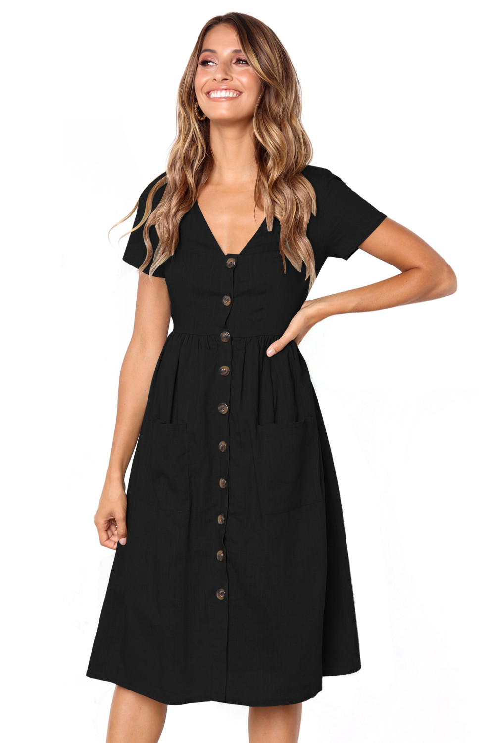 US$ 10.33 Dropship Black Stylish Button Front Midi Dress with Pockets