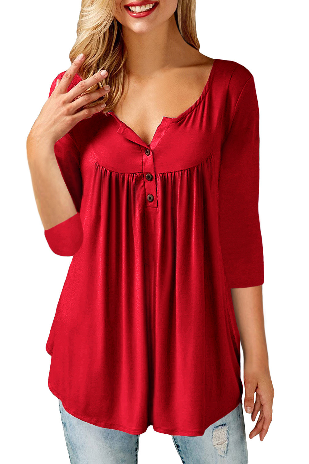US$ 7.71 Dropship Red 3/4 Sleeve Button Detail Pleated Tunic