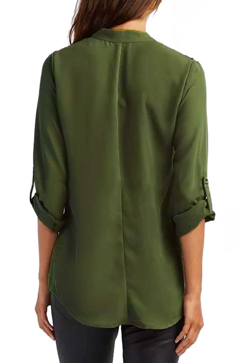 US 7.94 Dropship Hunter Green Crisscross Shoulder Detail Roll Tab Blouse