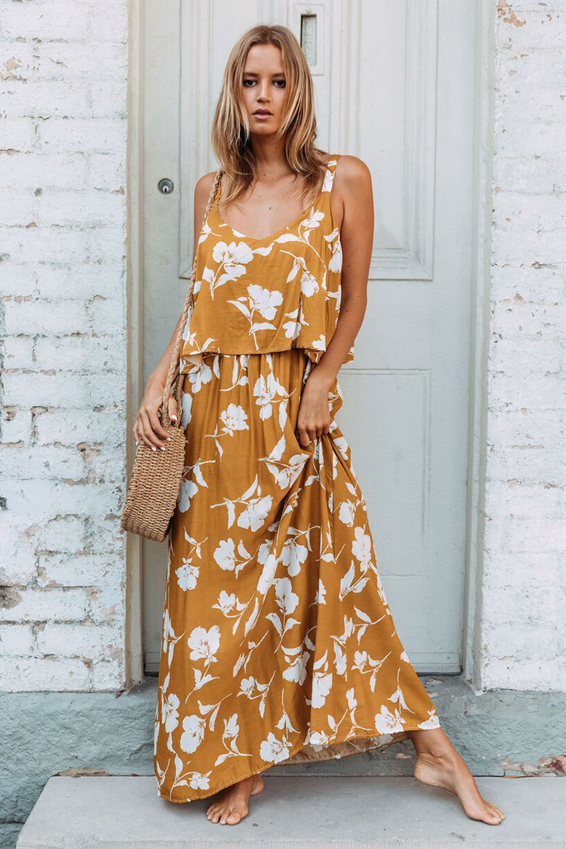 US$ 11.48 Dropship Chic Summer Boho Floral Maxi Dress in Mustard