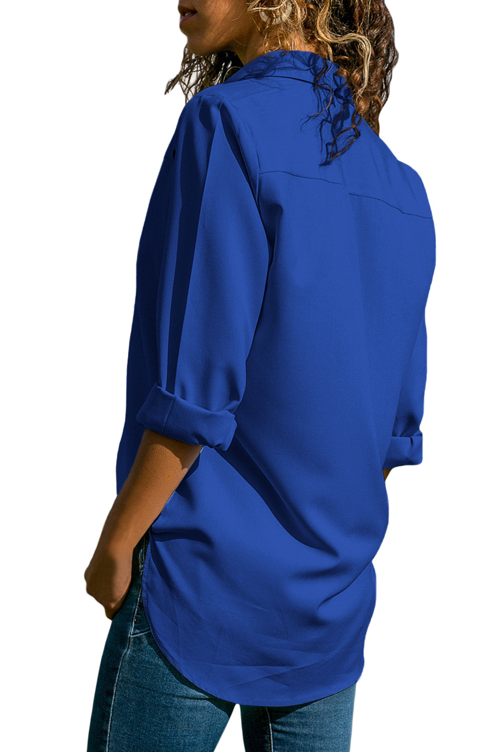 US 9.78 Dropship Royal Blue Stylish Button Detail Long Sleeve Blouse