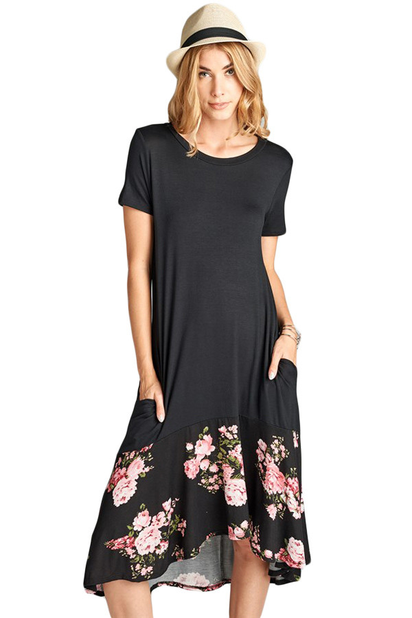 US$ 8.63 Dropship Black Hi-low Floral Ruffle Hem Midi Dress
