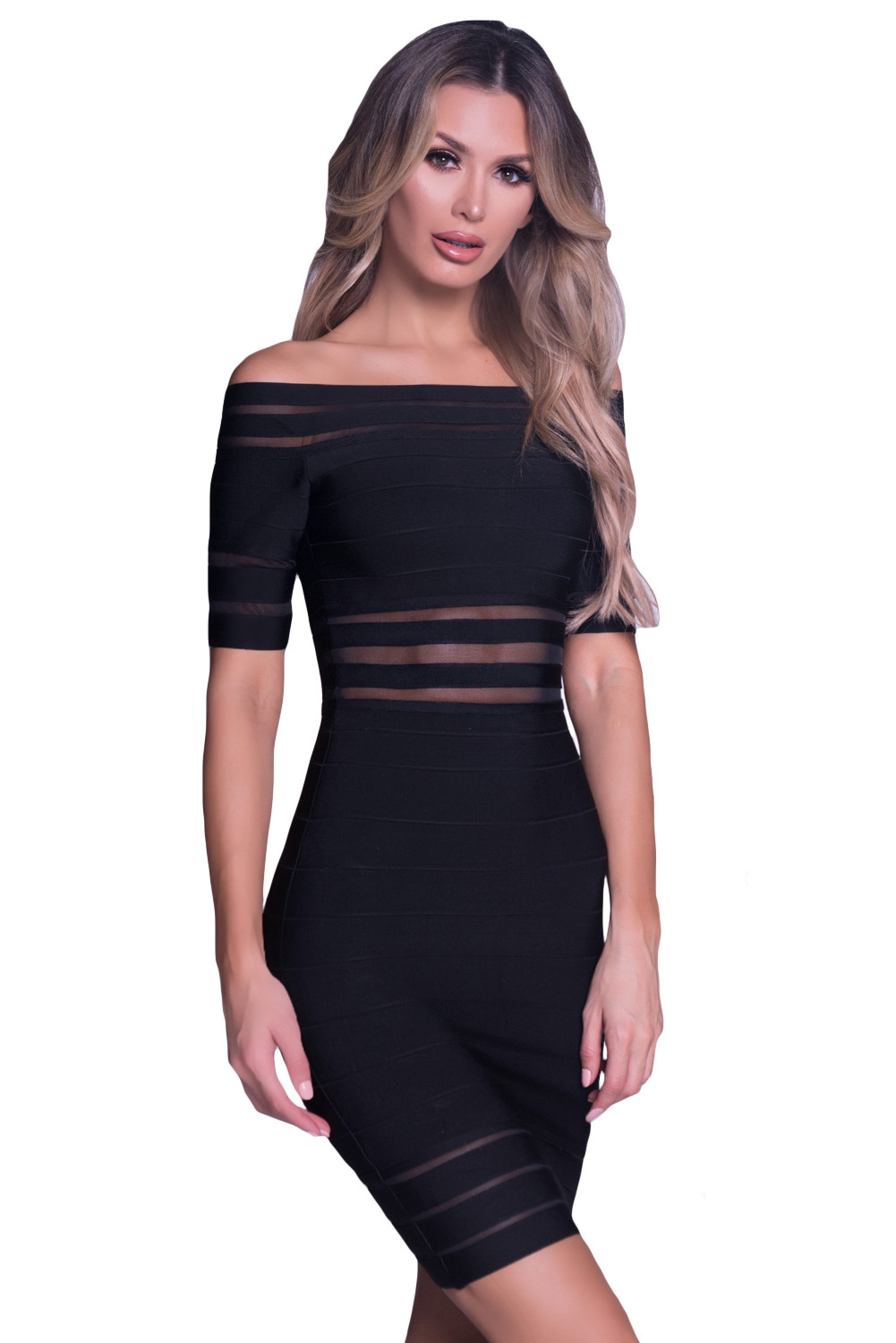 Us 3105 Dropship Black Mesh Stripes Insert Off Shoulder Bandage Dress 