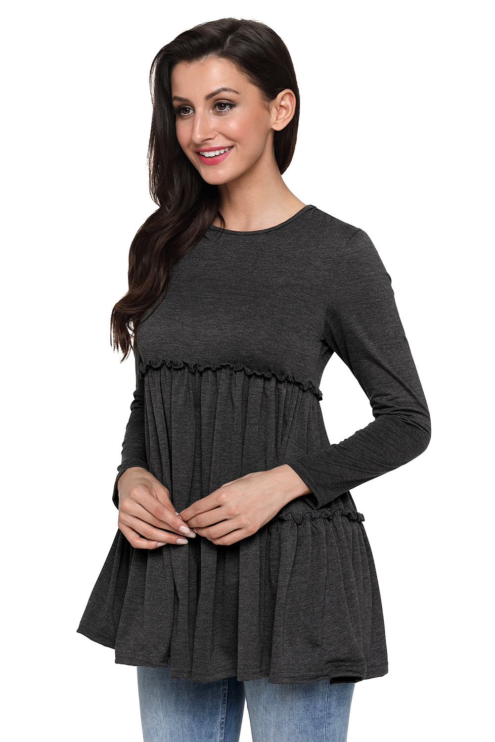 US$ 7.59 Dropship Gray Long Sleeve Layered Babydoll Tunic