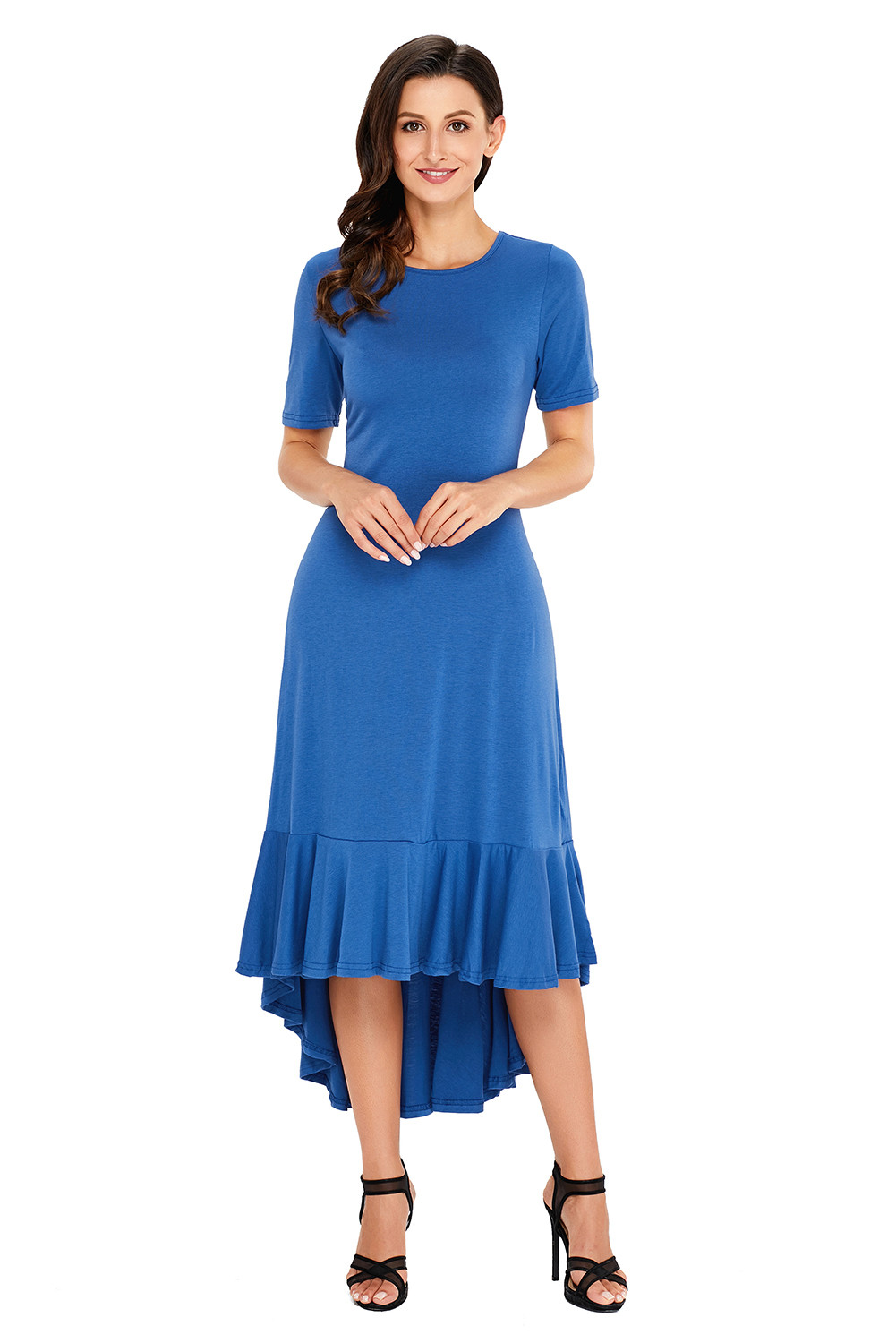US$ 8.51 Dropship Slate Blue Flowy Ruffles Short Sleeve Casual Dress