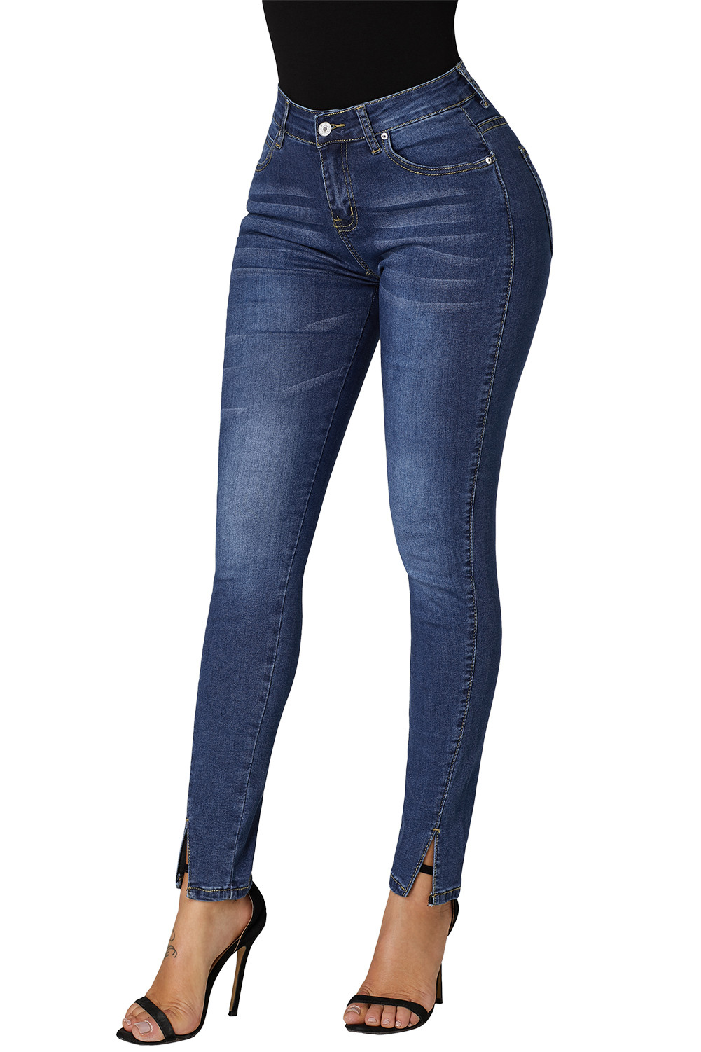 US$ 11.37 Dropship Blue Slit Front Skinny Jeans for Women