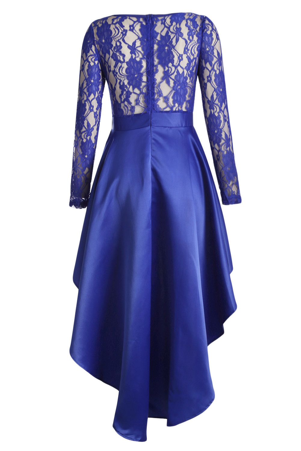 Dropship Royal Blue Long Sleeve Lace High Low Satin Prom Dress