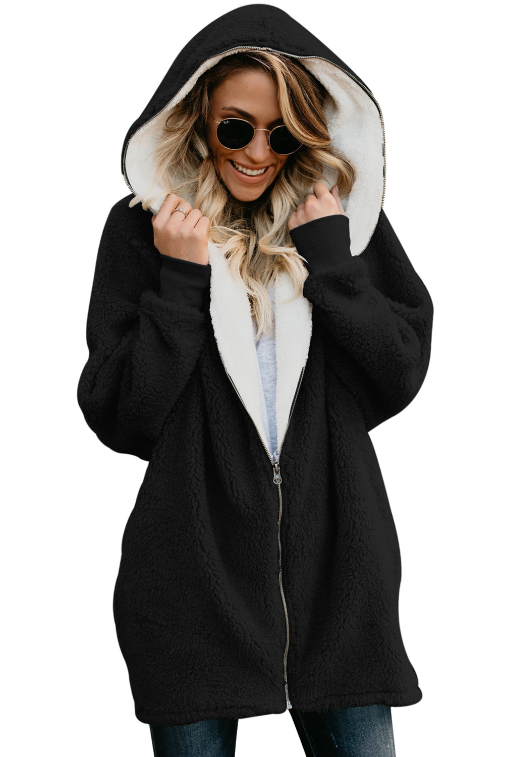 US$ 15.53 Dropship Black Zip Down Hooded Fluffy Coat