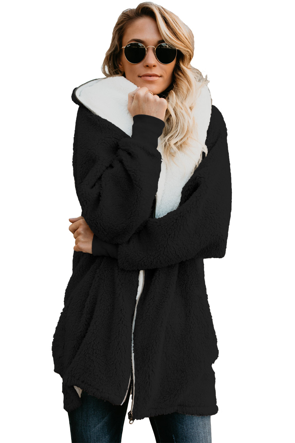 US$ 15.53 Dropship Black Zip Down Hooded Fluffy Coat