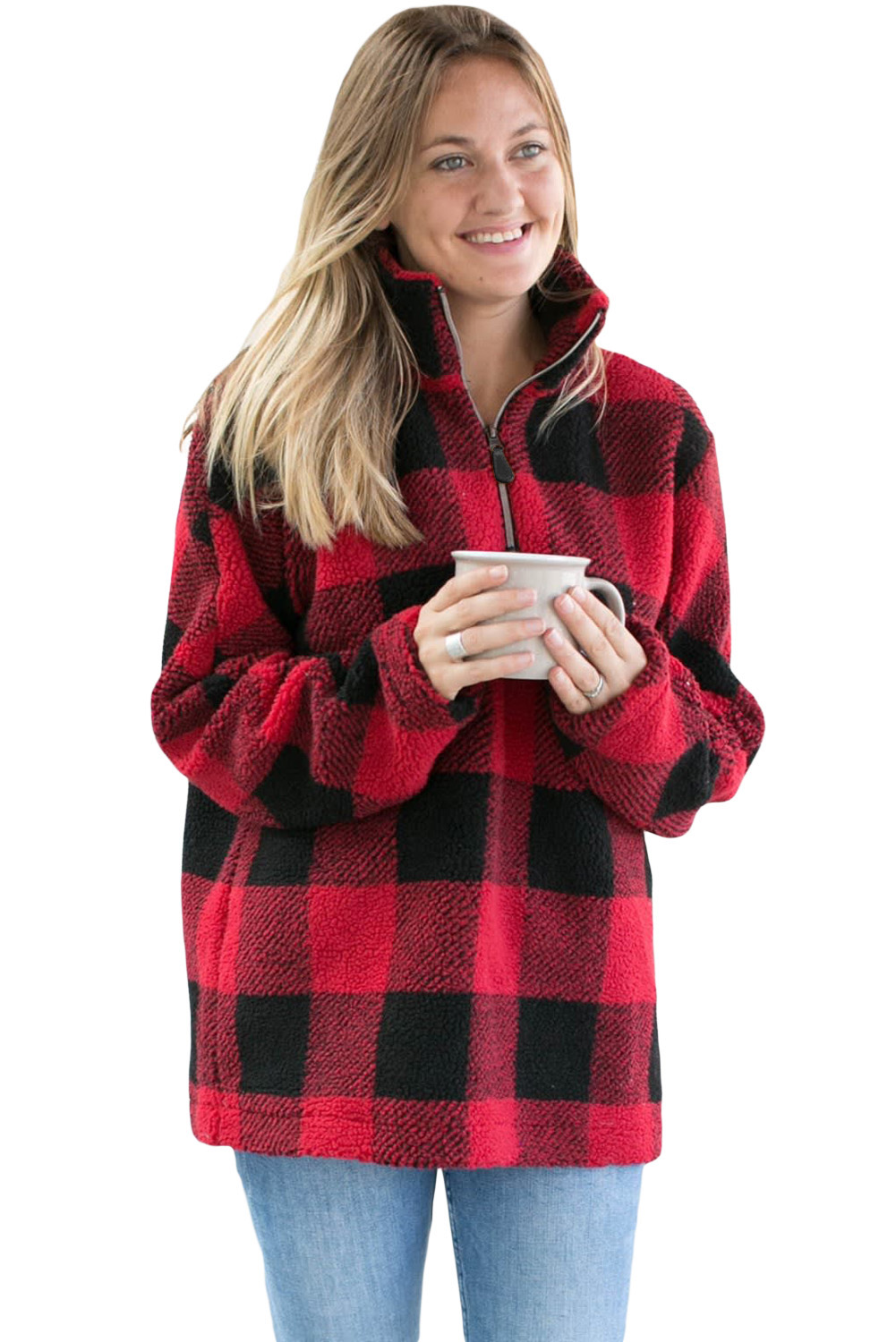 red sherpa pullover