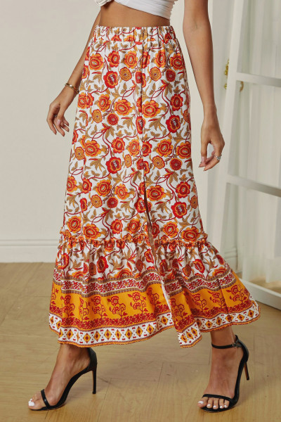US$ 7.59 Dropship Orange Floral Print Maxi Skirt