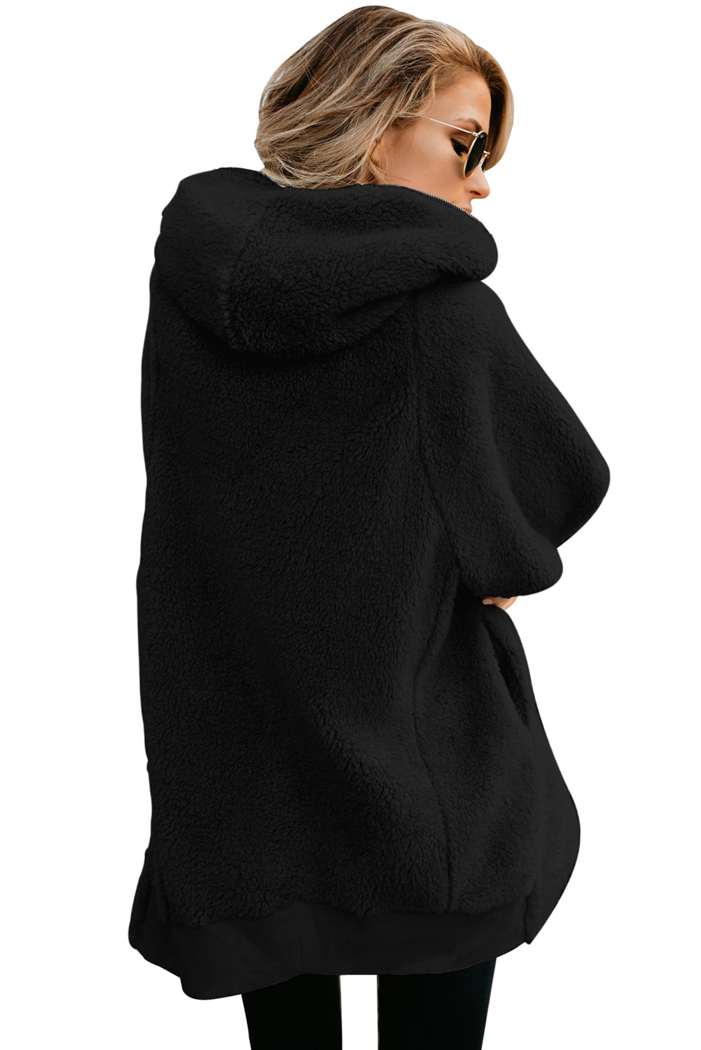 US 15.53 Dropship Black Zip Down Hooded Fluffy Coat