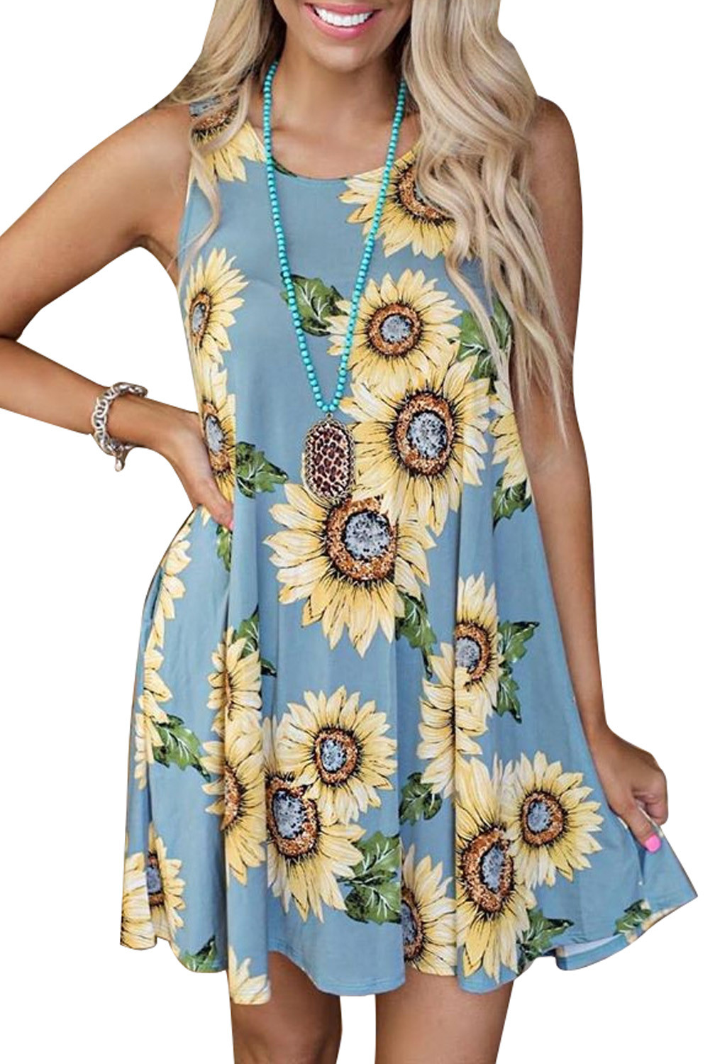 US 7.13 Dropship Blue Sunflower Print Tank Dress