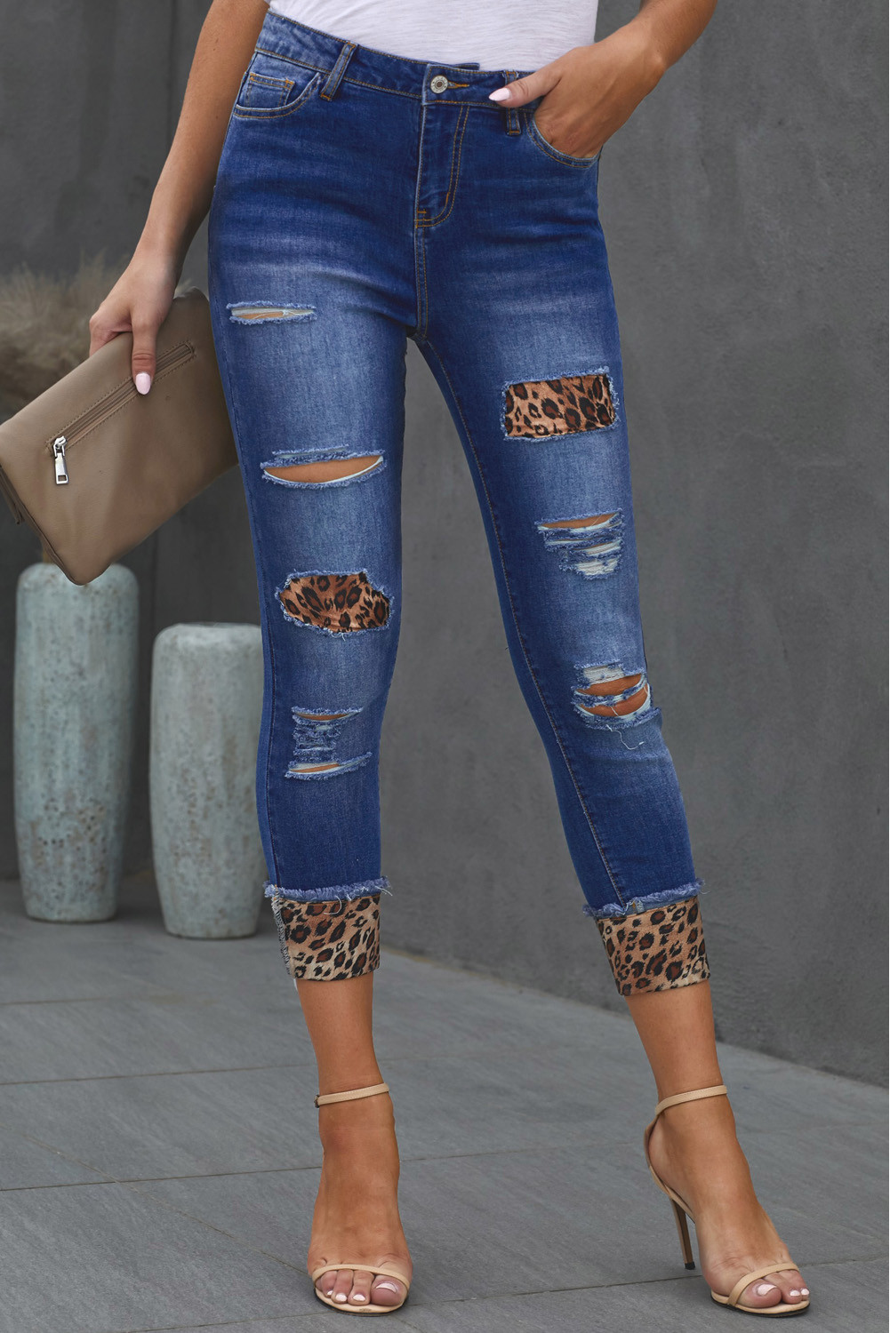 US$ 12.08 Dropship Distressed Leopard Patches Blue Skinny Jeans