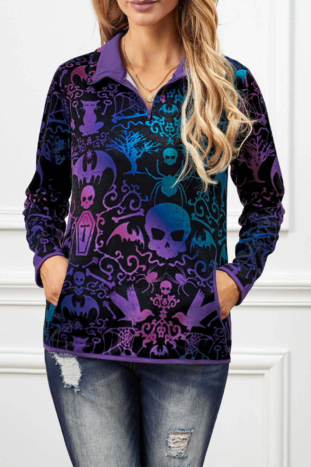 US 7.82 Dropship Purple Quarter Zip Halloween Inspired Print