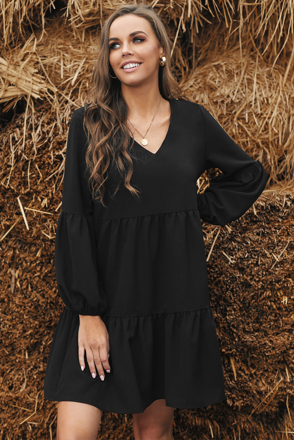 black v neck ruffle dress