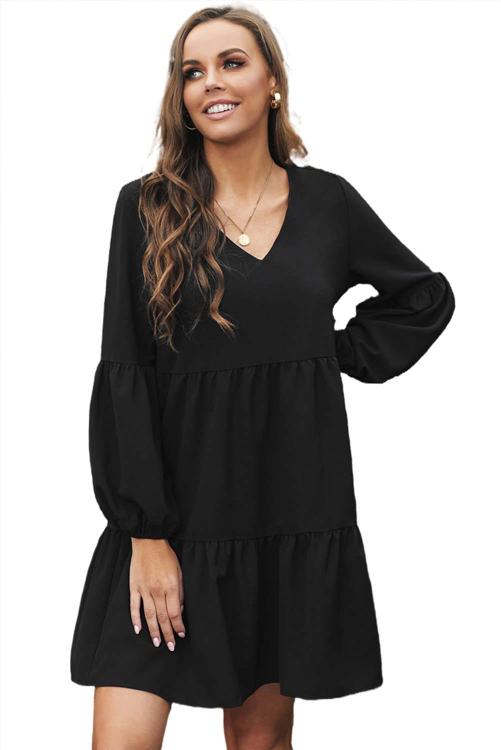 black v neck ruffle dress