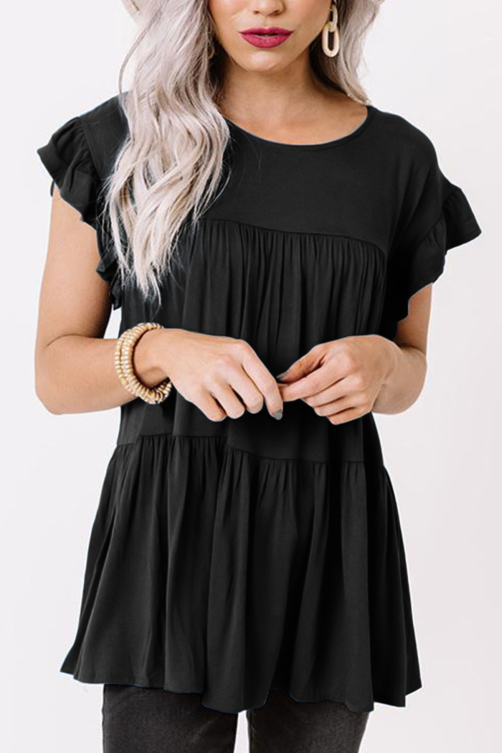 US$ 6.79 Dropship Black Short Sleeve Keyhole Ruffled Babydoll Top