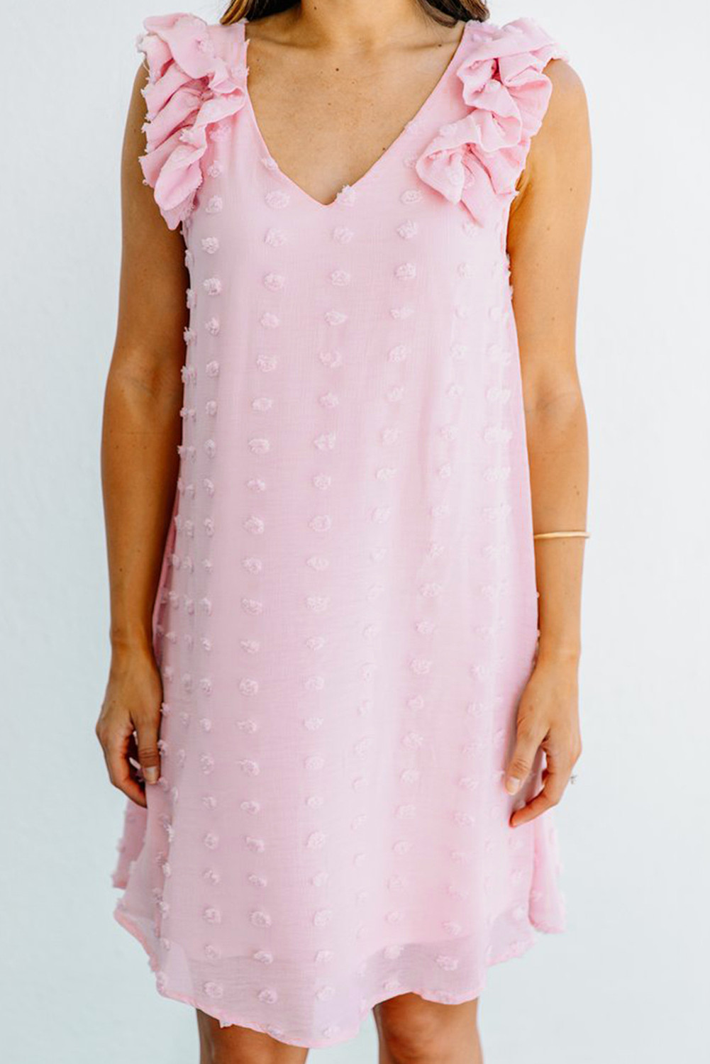US$ 8.51 Dropship Pink Swiss Dot V Neck Ruffled Sleeveless Mini Dress